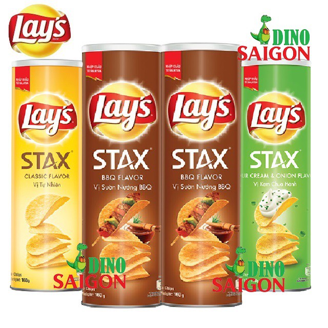 Combo 4 Hộp Bánh Snack Khoai Tây Lay's Stax Malaysia 160g gồm 2 Vị Sườn BBQ + 1 Vị Kem Chua Hành + 1 Vị Tự Nhiên