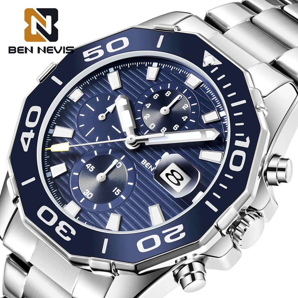 Đồng hồ Nam BEN NEVIS 6031G Chạy 6 Kim - Dây Thép Lịch Ngày