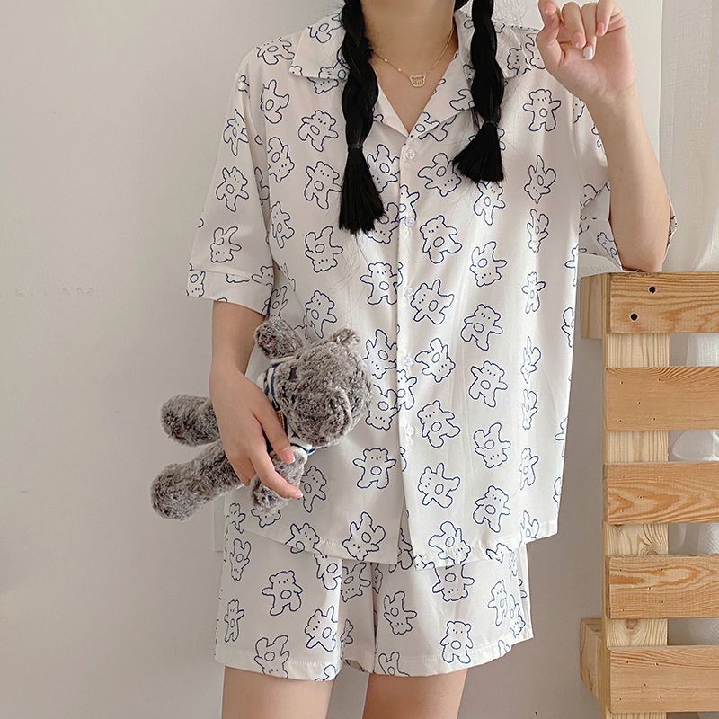 Bộ Đồ Ngủ Ngắn Tay Họa Tiết Hoạt Hình Đáng Yêu Thời Trang Mùa Hè Hàn Quốc
