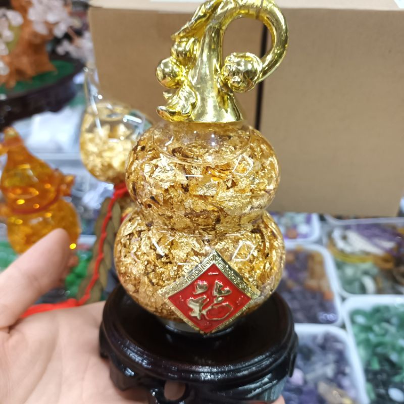 Bầu hồ lô đá  pha lê lưu ly nước ngải dát lá vàng cầu sưc khoe,tài lộc, may mắn
