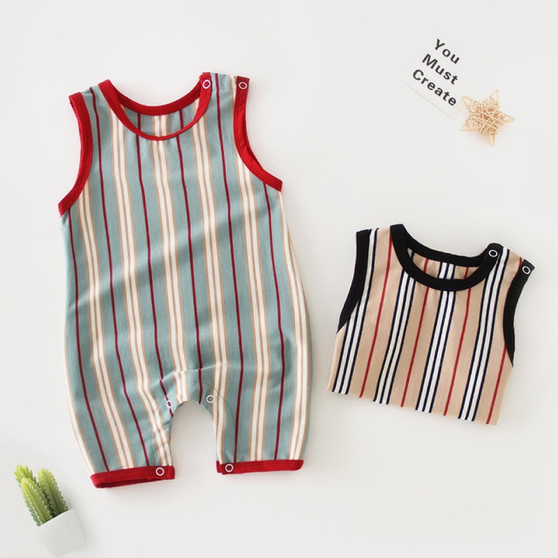Bộ Áo Liền Quần Sát Nách Họa Tiết Kẻ Sọc Thời Trang Mùa Hè Cho Bé Trai Sơ Sinh