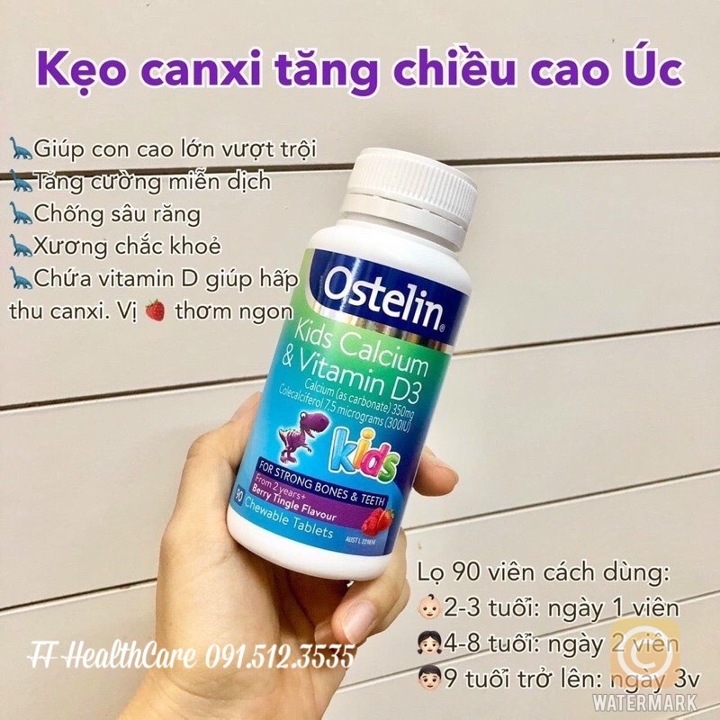 Kẹo Canxi Cho Bé Ostelin Kids Calcium & Vitamin D3, 90 Viên Canxi Cho Bé Từ 2 Tuổi