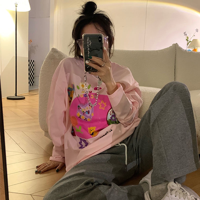 Áo thun tay dài dáng rộng thiết kế thời trang mùa thu theo phong cách Hàn Quốc cho nữ