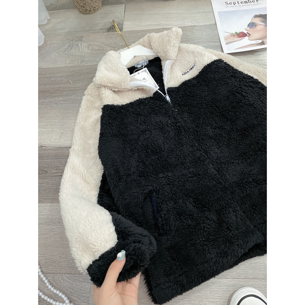 Áo khoác lông cổ trụ phối màu  FREESIZE áo jaket lông amzing