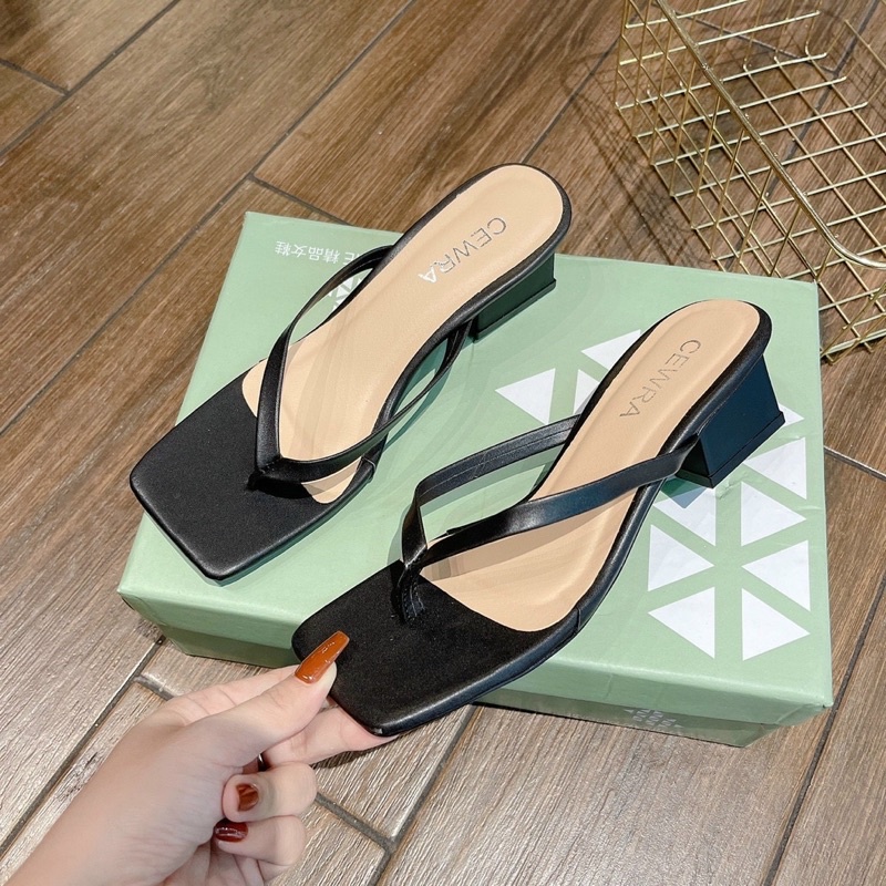 Guốc kẹp trơn da mềm xin xò gót vuông 3p
