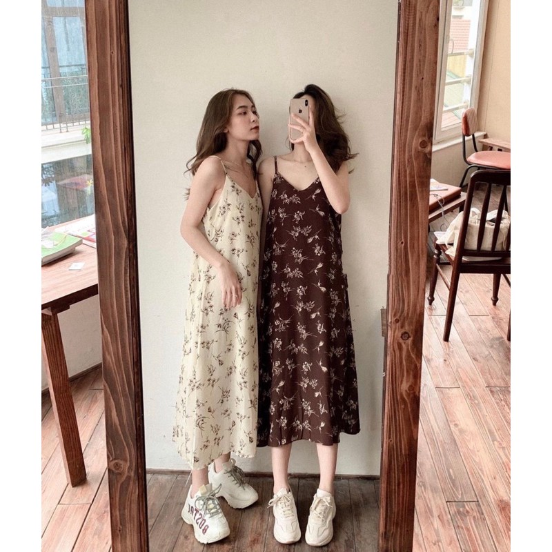 VÁY HAI DÂY HOA NHÍ TRẮNG/NÂU - VÁY HAI DÂY MIDI ĐIỀU CHỈNH ĐƯỢC DÂY | BigBuy360 - bigbuy360.vn