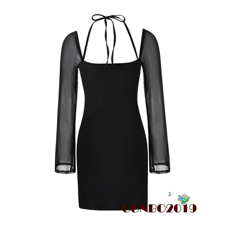 Đầm Tay Dài Phối Lưới Xuyên Thấu Màu Trơn Thời Trang Mùa Hè Cho Nữ