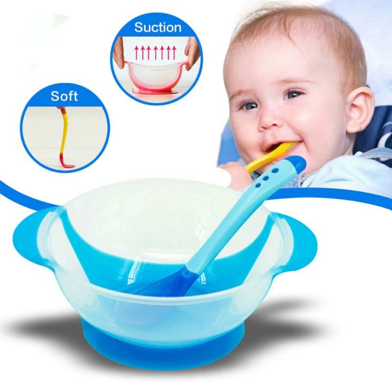 Bát ăn dặm chống đổ Babuu baby có nắp đậy kèm thìa có 2 màu xanh, hồng