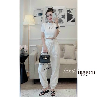 Set bộ áo croptop in tam giác phối quần dài cá tính