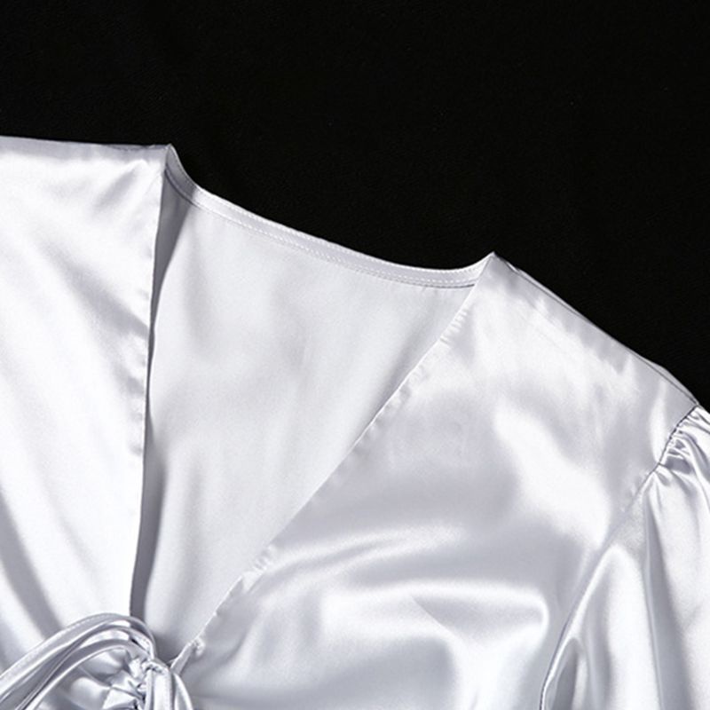 Đầm Tay Phồng Dài Cổ Chữ V Phối Dây Rút Thời Trang Quyến Rũ Cho Nữ