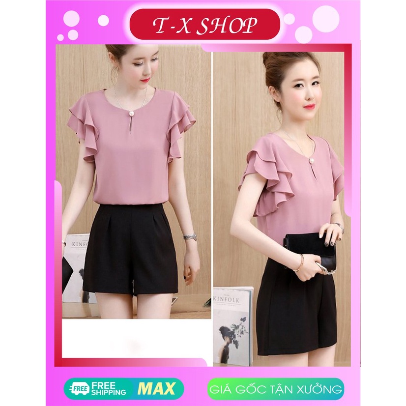 Áo Kiểu Cổ Phối Ngọc Tay Cánh Dơi 2 Tầng Cách Điệu