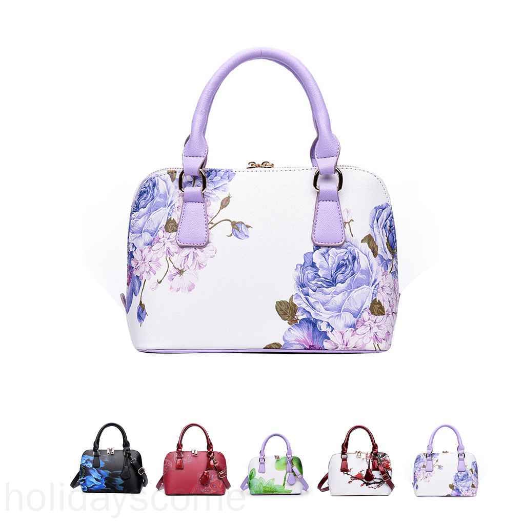 Floral Printed Women Girl Double Zipper PU Single-shoulder Bags Handbag 4 Rivets Bottom Crossbody Messenger Bags holidayscome