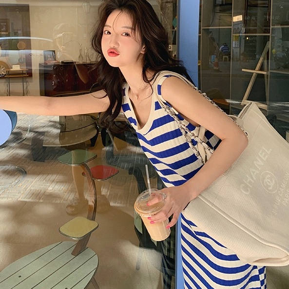 Đầm dệt kim ZHELIHANGFEI không tay họa tiết kẻ sọc thời trang cho nữ