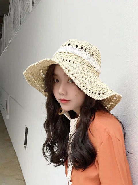 Mũ cói dây ruy băng thắt nơ - Maben