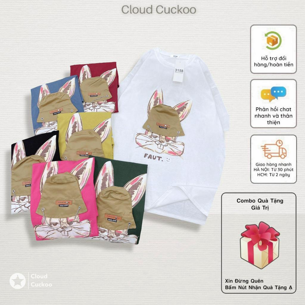 Áo Thun Nữ Hình Thỏ Đôi Mũ Hình Thêu Nổi Cá Tính Chất Cotton Khô Bền Đẹp