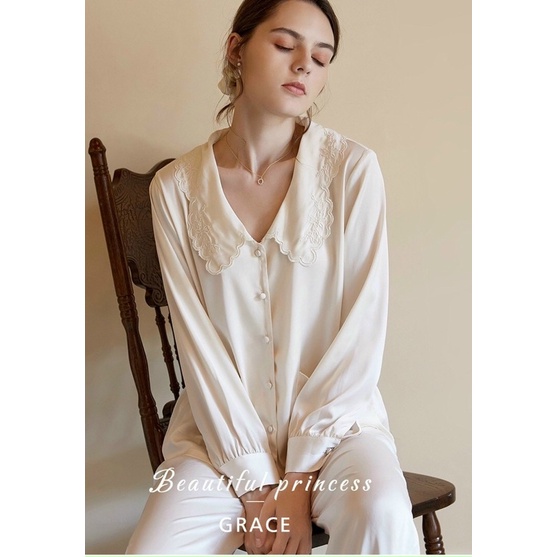 BỘ PIJAMA TRƠN THÊU CỔ CAO CẤP
