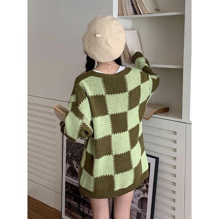 Áo Khoác Cardigan Len Hồng Họa Tiết Ô Vuông Thời Trang Hàn Quốc , Áo cardigan dáng rộng GUM OFFICIAL