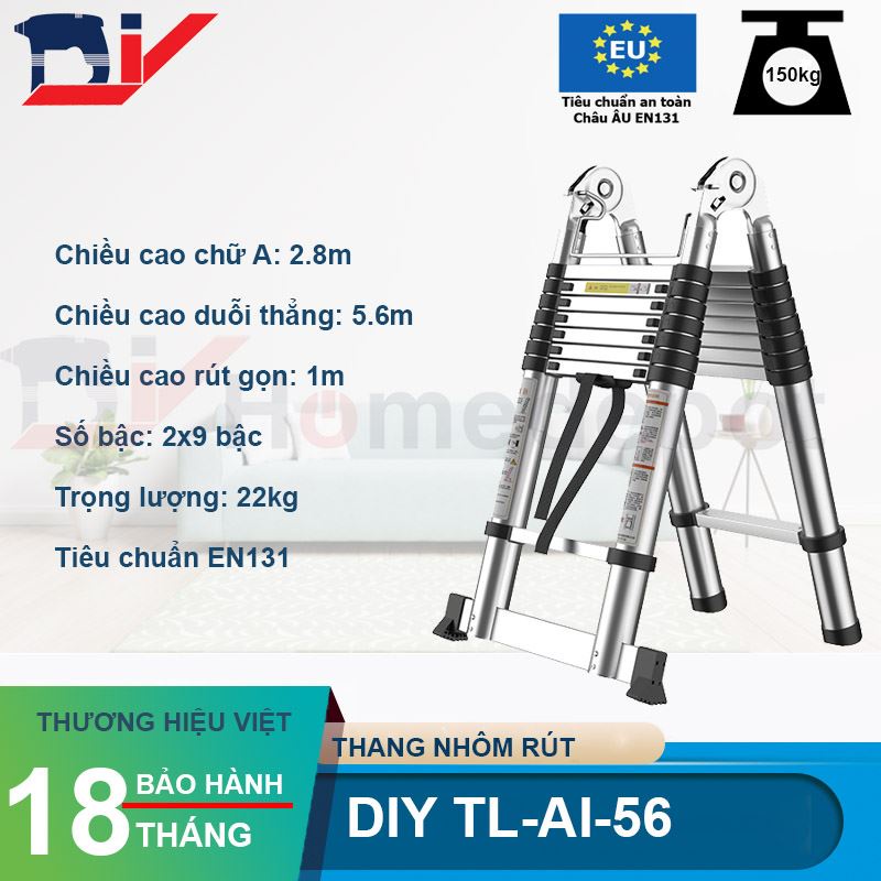 Thang nhôm rút đôi DIY TL-AI-56 chiều cao sử dụng tối đa chữ A 2.8m, chữ I 5.6m, tải trọng 150kg