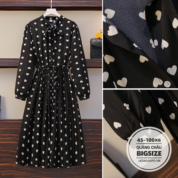 BIGSIZE Nữ (45-100kg) Đầm dáng xoè dài qua gối Phối đen chấm bi voan cổ vest Thắt Eo tay dài - Váy - Phong cách Hàn Quốc ulzzang xinh đẹp - cho người mập béo 45-100kg - quảng châu cao cấp