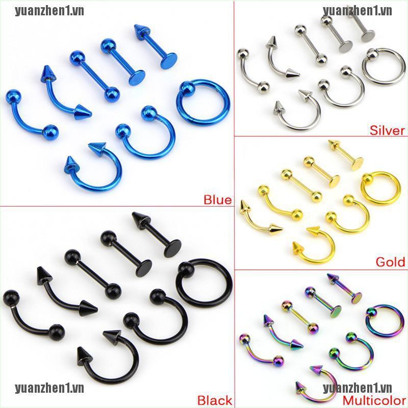 Set 8 Khuyên Xỏ Bằng Thép Không Gỉ 16G YUANZHEN1