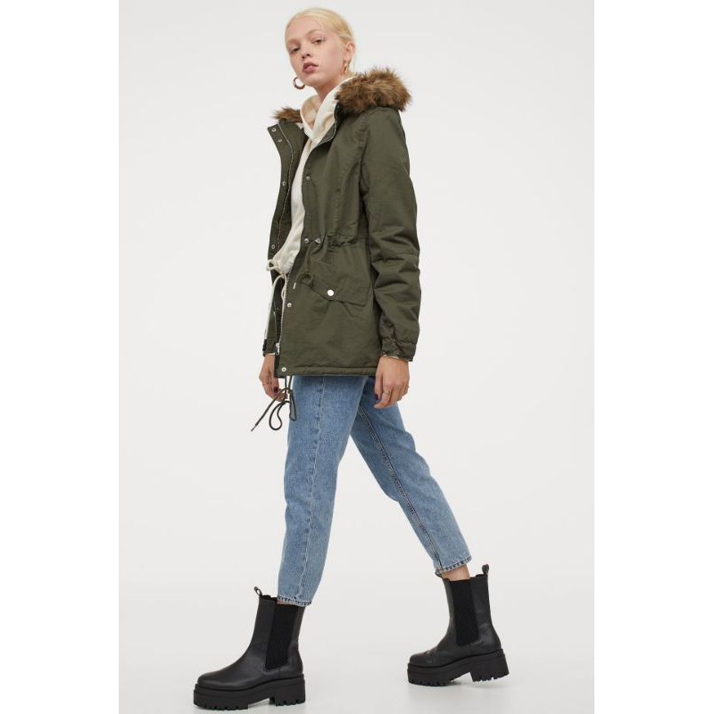 Bill Đức- Áo Khoác HM Parka có lót lông màu rêu, đen, Size 34, 36