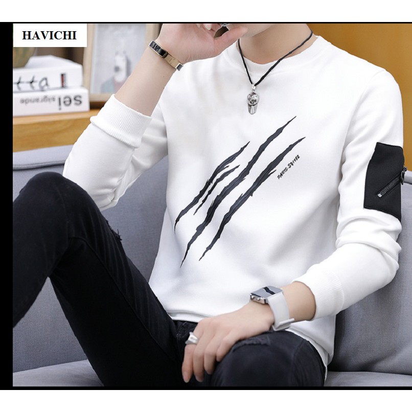 Áo thun nam tay dài 💝 𝐅𝐑𝐄𝐄𝐒𝐇𝐈𝐏💝sweater áo thun nam dài tay trắng dây kéo, ba gạch thoáng mát, mềm mịn