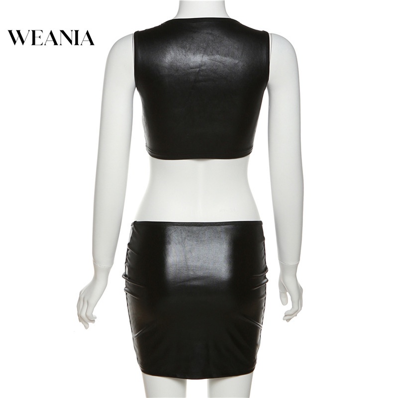 Set Áo Tank Top Cổ Chữ U + Chân Váy Da PU Lưng Thấp Phong Cách Quyến Rũ