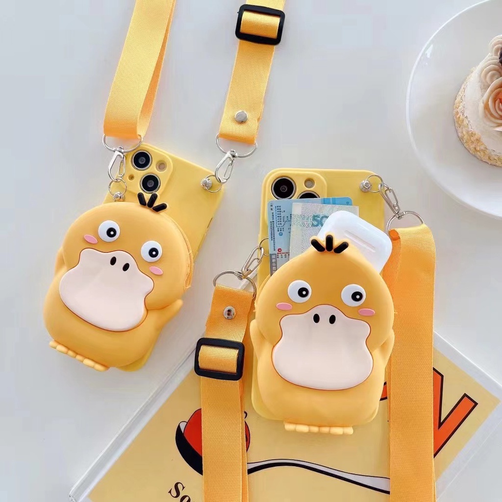 Ốp Điện Thoại Dẻo Kèm Ví Hình Chú Vịt 3D + Dây Đeo Cho IPhone 14 13 Pro MAX 12 Mini 11 X XR XS MAX 5 5S 6 6S 7 8 PLUS