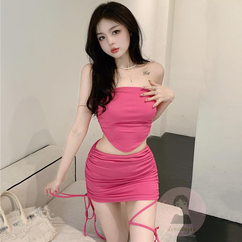 Bộ Áo Ống Không Tay Hở Vai Màu Sắc Kèm Chân Váy Dây Rút Thời Trang Mùa Hè Cho Nữ