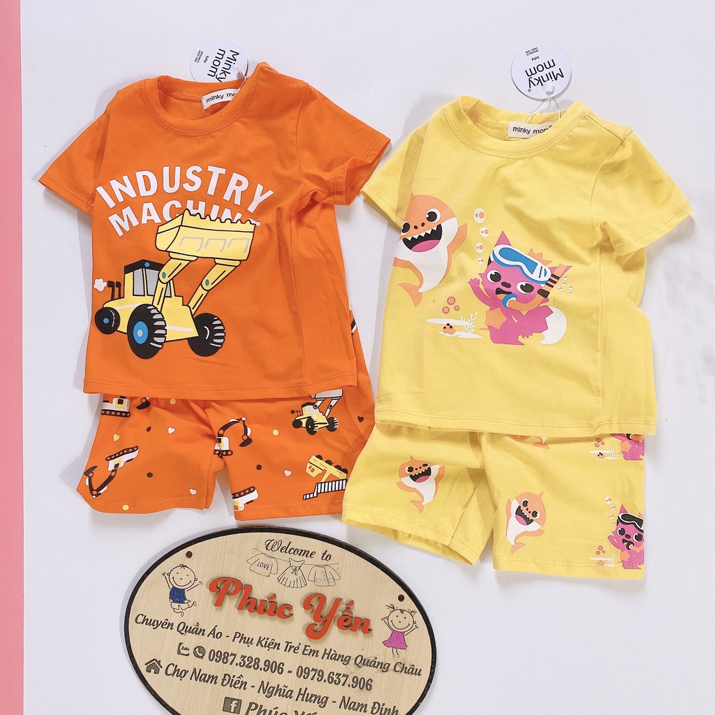 Sale !!! Bộ Cộc Tay Cotton 100% Hàng Minky Mom Họa Tiết Ô Tô Vàng Nền Cam Cho Bé (8-18kg)( 1479) Shop Phúc Yến