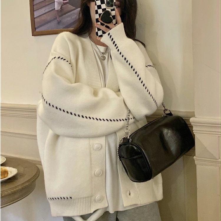 Áo khoác cardigan dệt kim tay dài dáng rộng màu trắng/đen phong cách Hàn Quốc dễ phối đồ