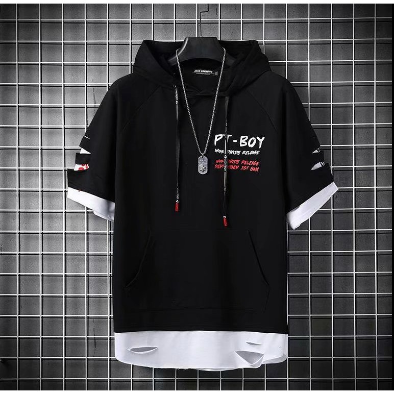 Áo hoodie tay ngắn giả hai lớp dáng rộng trẻ trung hợp thời trang dành cho nam | BigBuy360 - bigbuy360.vn