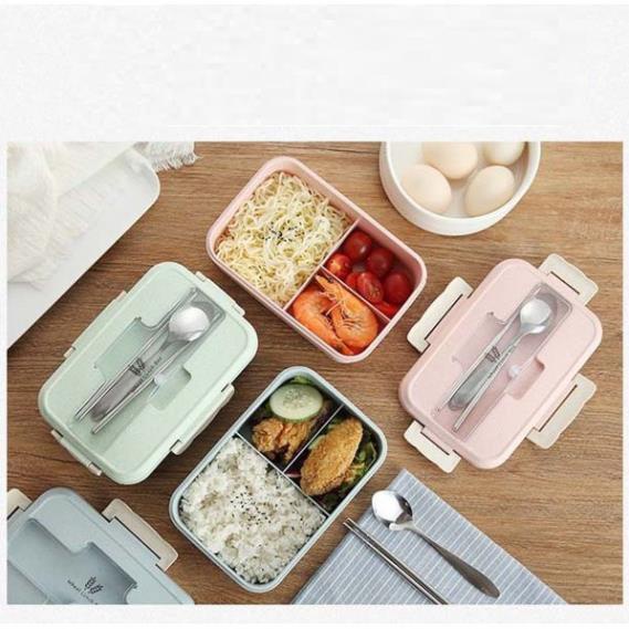 Hộp Đựng Cơm Chia làm 3 Ngăn Lúa Mạch Giữ Nhiệt Tặng Kèm Đũa Thìa Cao Cấp