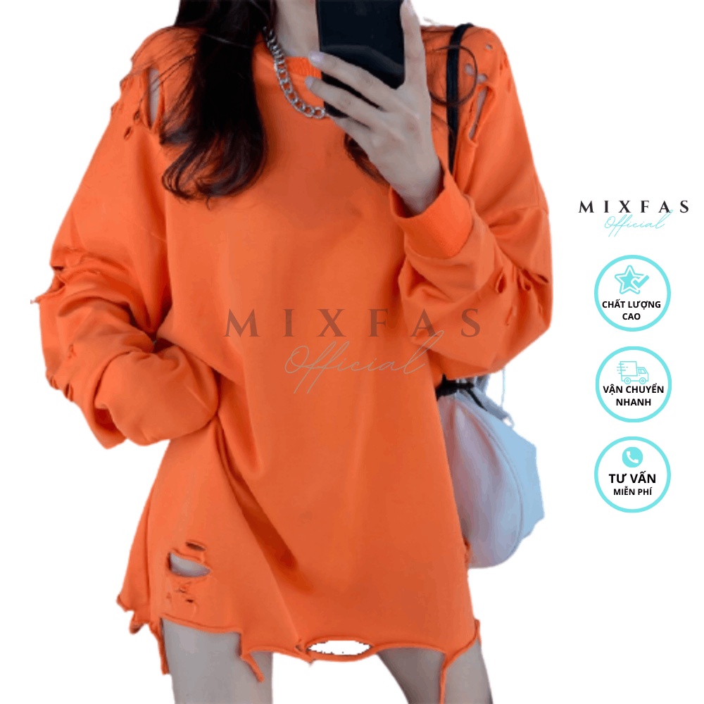 Áo hoodie rách phụ nữ mùa xuân và mùa thu mỏng MixFas hiphop mới Áo len dài tay rộng