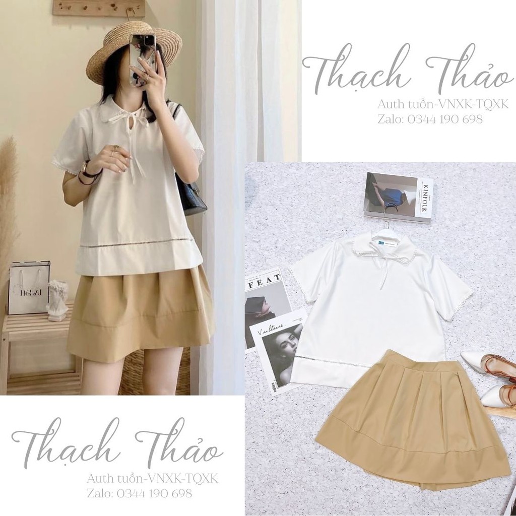 SET BỘ ÁO SƠ MI CỔ NƠ PHỐI REN CHÂN VÁY XẾP LY CÓ CHUN SAU