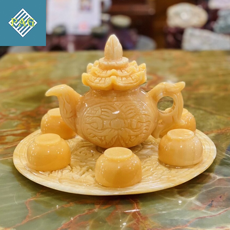 Bộ Ấm Chén Uống Trà Chạm Khắc Rồng Cao Cấp Chế Tác Từ ĐáTự Nhiên Ngọc Hoàng Long