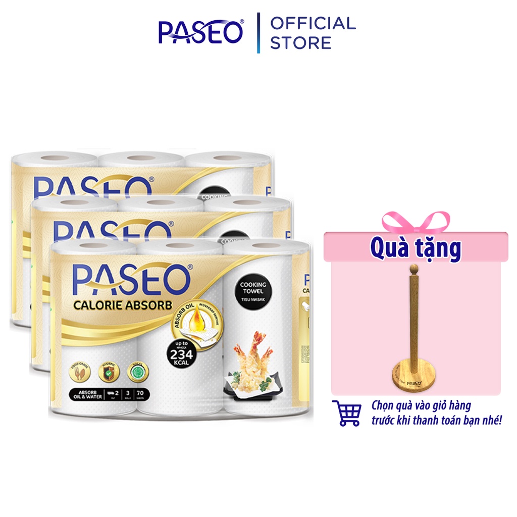 Combo 3 lốc giấy bếp đa năng cao cấp Paseo Calorie Absorb lau dầu mỡ, thấm hút nhanh (3 cuộn 2 lớp)/lốc