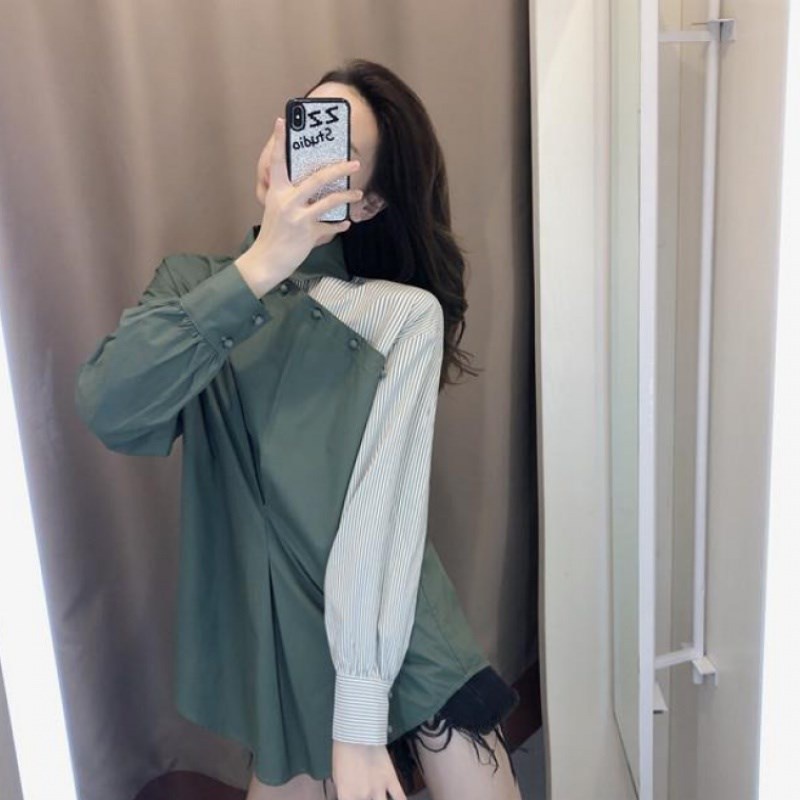 Áo sơ mi tay dài kẻ sọc màu cổ bẻ cài nút thời trang công sở cho nữ