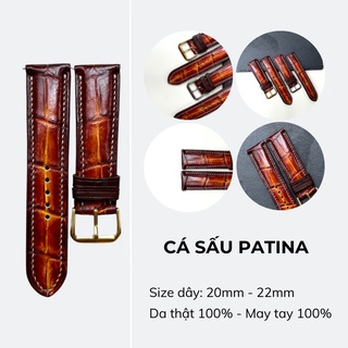 Dây đồng hồ da cá sấu thật 22mm, 20mm, handmade cao cấp, màu patina, chống nước, chính hãng, bảo hành 12 tháng