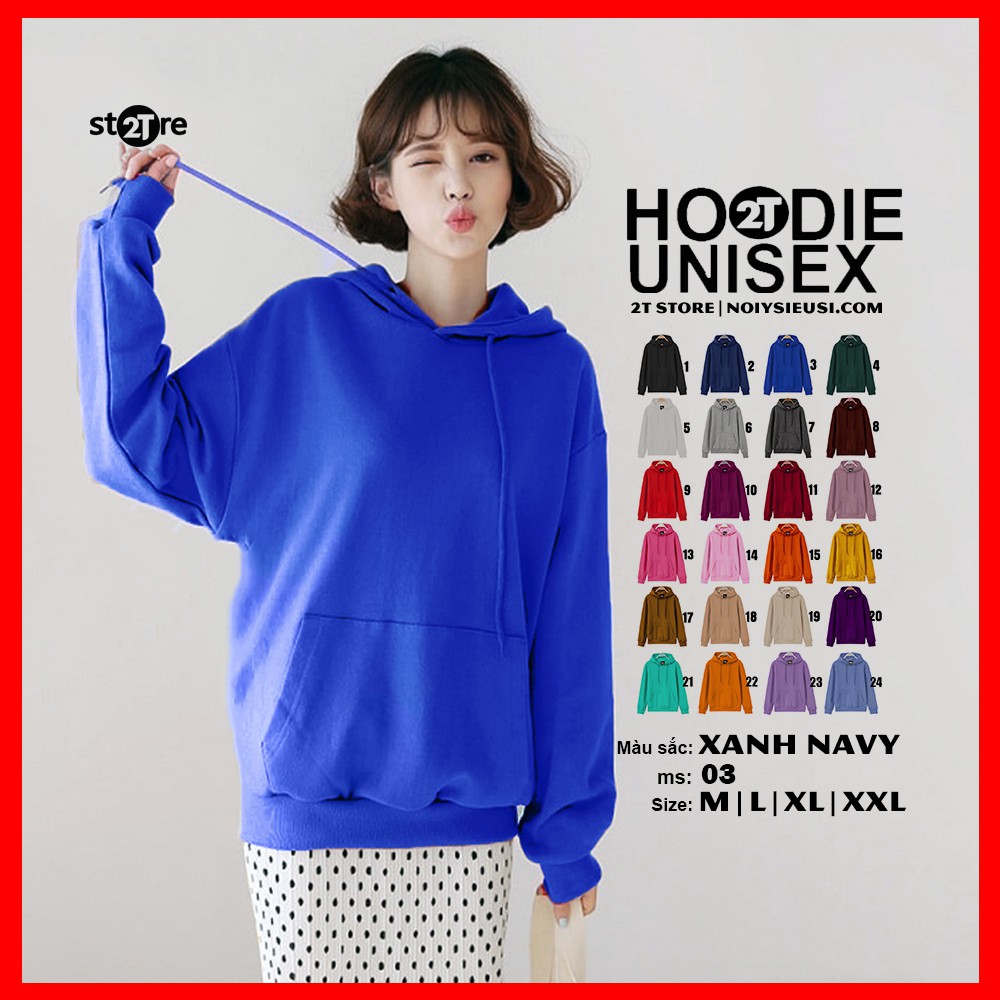 Áo hoodie unisex 2T Store H03 màu xanh dương navy - Áo khoác nỉ chui đầu nón 2 lớp dày dặn chất lượng đẹp