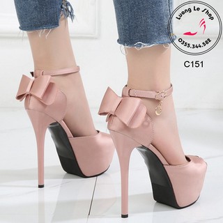 C151 Giày cao gót hở mũi quai vòng cổ chân đính nơ sau 2 loại 12 và 14cm