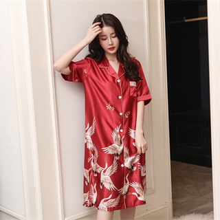 Đồ ngủ Ngắn Tay In Họa Tiết Chim Hạc Phong Cách Hàn Quốc Dành Cho Nữ áo nữ đồ bộ pyjama pijama Đồ mặc nhà đồ ngủ nữ tiểu thư dễ thương lụa sexy cute bigsize dài tay hai 2 dây