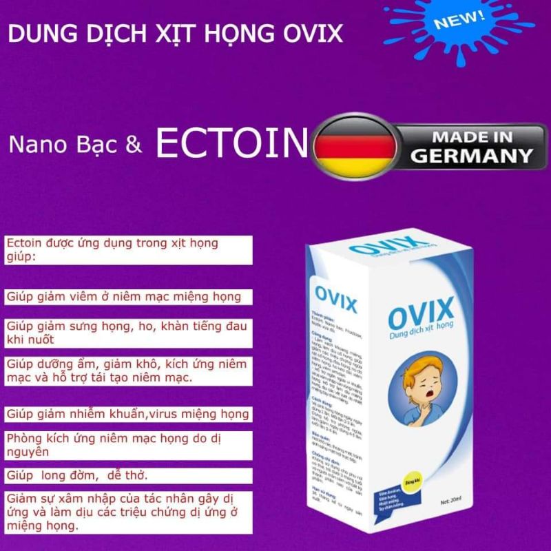 Xịt họng Ovix Ectoin 20 ml ngăn ngừa viêm họng, viêm amydal, viêm VA