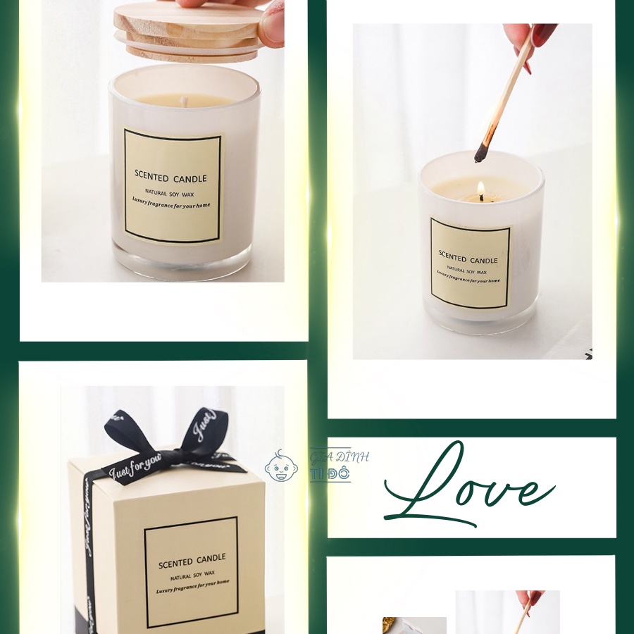 Nến Thơm Tinh Dầu Cao Cấp Không Khói An Toàn Candle Cup Cốc Thủy Tinh Màu Kem Nắp Gỗ Sang Trọng