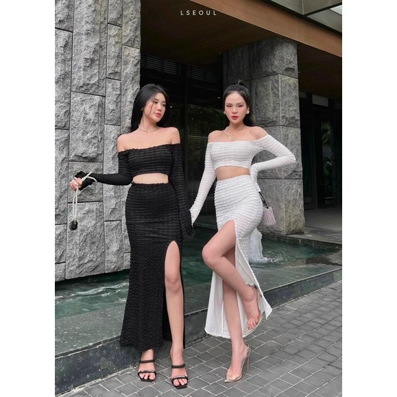 Set xốp áo croptop bẹt vai tay dài + chân váy body xẻ đùi sexy Trắng đen Váy đi chơi dạo phố du lịch đi biển hotgirl tk