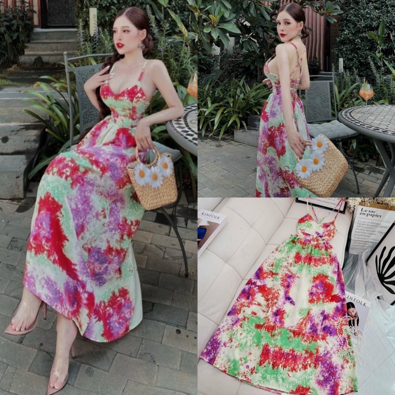 Maxi lụa hoạ tiết độc lạ hở đan dây lưng, đầm váy dài xoè dang trọng hotgirl đi chơi/biển du lịch quyến rũ gợi cảm sexy