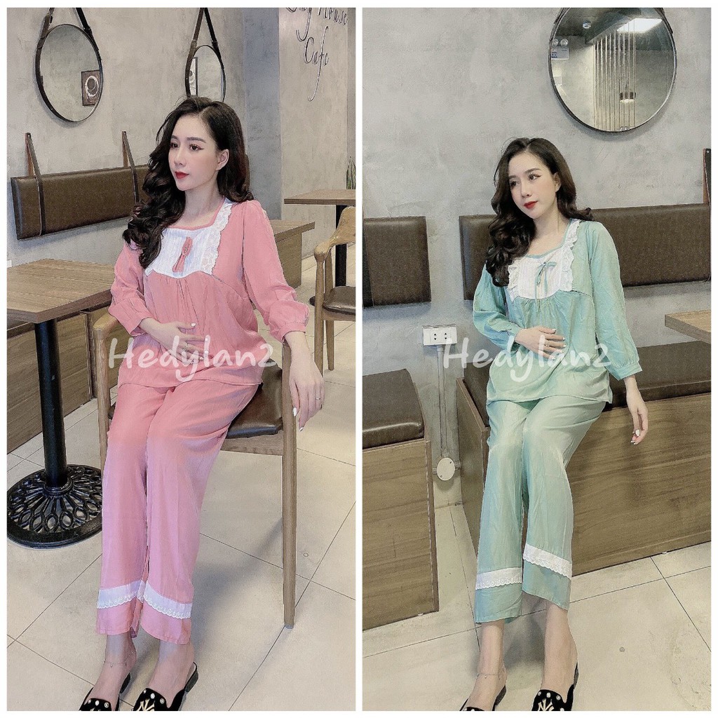 Đồ bộ bầu và sau sinh DÀI TAY thiết kế cổ vuông họa tiết ren sang chảnh có KHÓA TI cho con bú BĐ 905
