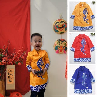 Áo dài cách tân cho bé trai Hiên Viên Áo dài Tết họa tiết rồng chất liệu gấm vân nổi màu đỏ màu xanh màu vàng HVADTT03