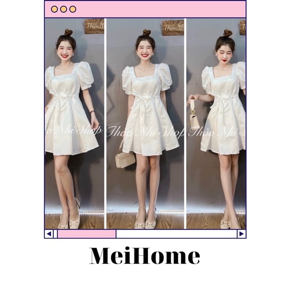 {CÓ SẴN}❤️Đầm trắng thiết kế tay bồng thắt nơ eo tiểu thư MeiHome🥰