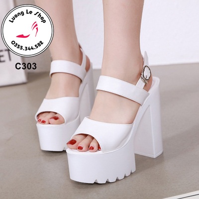 Sandal cao gót đế dày quai hở mũi đầu cá da lì 2 màu đen trắng 10cm12cm 14cm 16cm ms C303